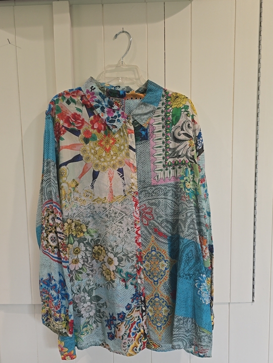 Johnny Was Tops - Johnny Was Multicolor Patchwork Floral Tunic - Teal, Yellow, Pink, Blue